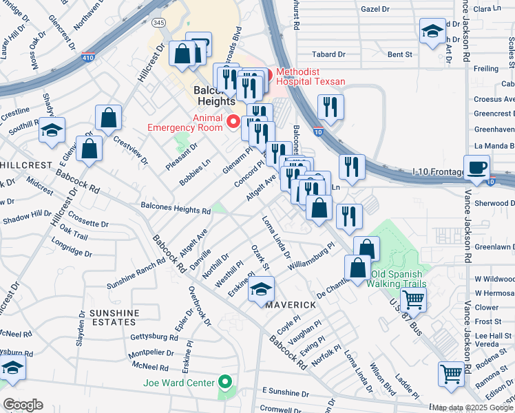 map of restaurants, bars, coffee shops, grocery stores, and more near 114 Danville Avenue in San Antonio