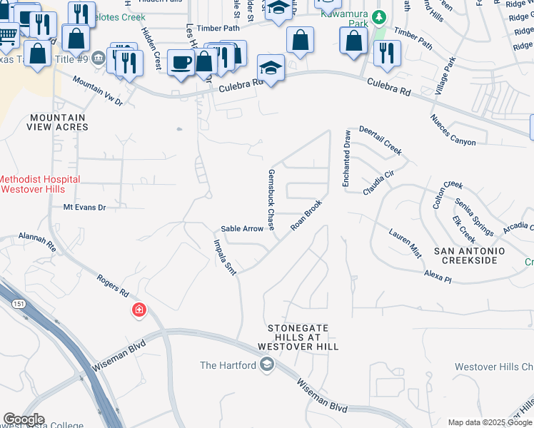 map of restaurants, bars, coffee shops, grocery stores, and more near 9919 Sable Arrow in San Antonio