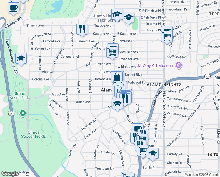 map of restaurants, bars, coffee shops, grocery stores, and more near 120 Normandy Avenue in San Antonio