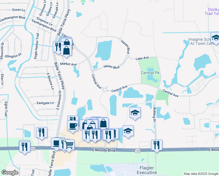 map of restaurants, bars, coffee shops, grocery stores, and more near 725 Central Avenue in Palm Coast