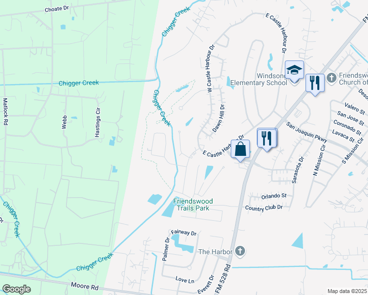 map of restaurants, bars, coffee shops, grocery stores, and more near 121 Saint Andrews Drive in Friendswood