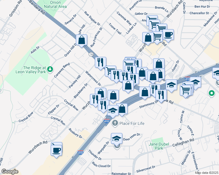 map of restaurants, bars, coffee shops, grocery stores, and more near 6100 Bandera Road in San Antonio