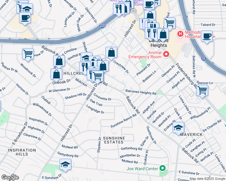 map of restaurants, bars, coffee shops, grocery stores, and more near 1130 Babcock Road in Balcones Heights