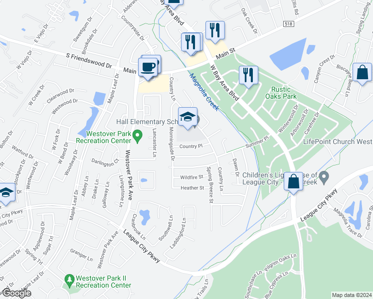 map of restaurants, bars, coffee shops, grocery stores, and more near 5903 Country Place in League City