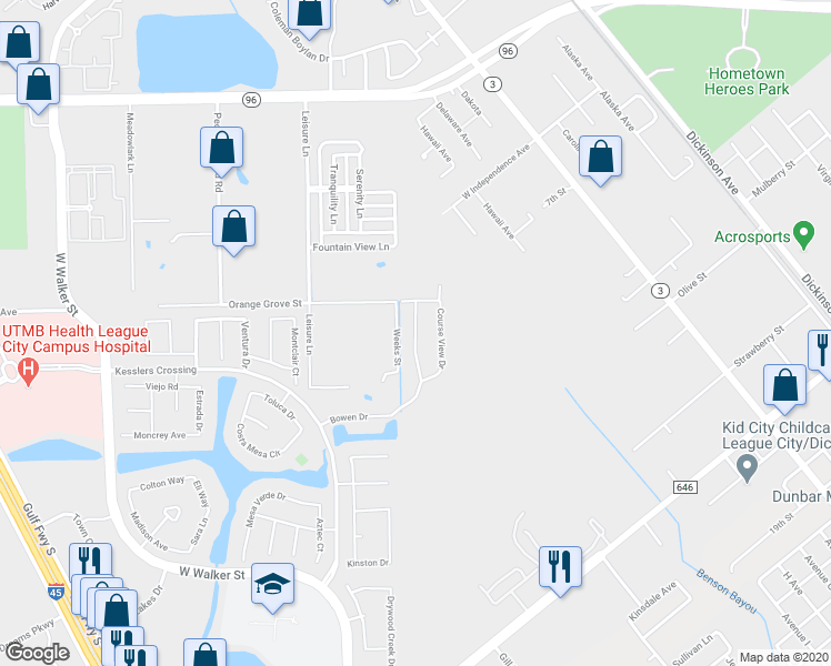 map of restaurants, bars, coffee shops, grocery stores, and more near 1225 Bowen Drive in League City