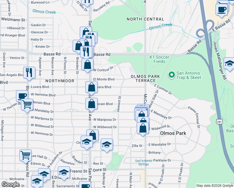 map of restaurants, bars, coffee shops, grocery stores, and more near 224 Lovera Boulevard in San Antonio