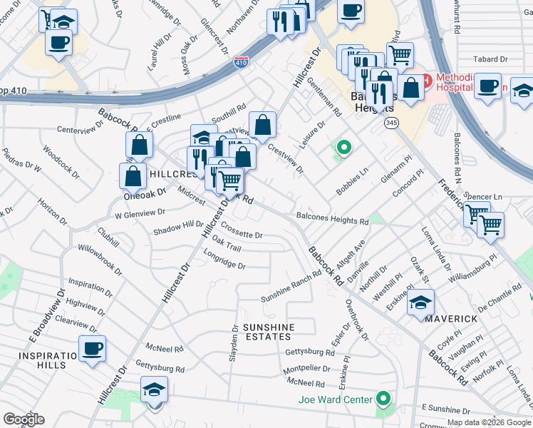 map of restaurants, bars, coffee shops, grocery stores, and more near in Balcones Heights
