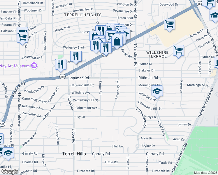 map of restaurants, bars, coffee shops, grocery stores, and more near 505 Morningside Drive in Terrell Hills