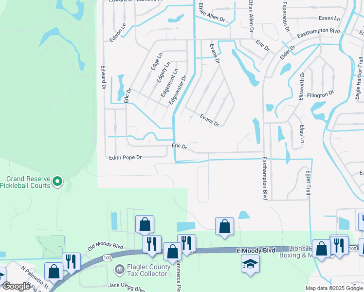 map of restaurants, bars, coffee shops, grocery stores, and more near 152 Eric Drive in Palm Coast