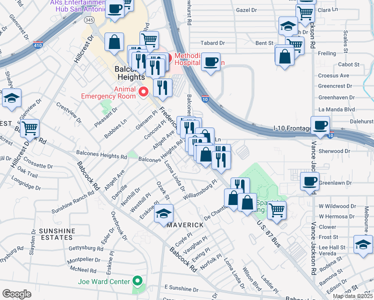 map of restaurants, bars, coffee shops, grocery stores, and more near 3953 Fredericksburg Road in San Antonio