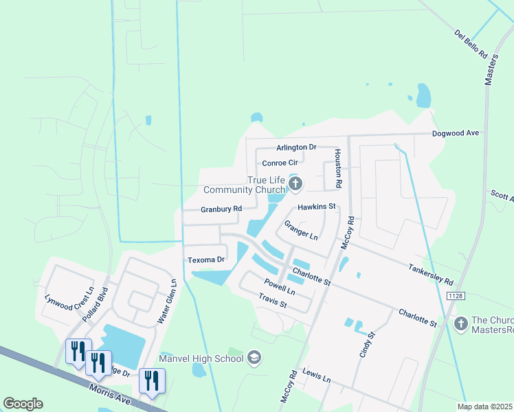 map of restaurants, bars, coffee shops, grocery stores, and more near 6502 Marble Falls Lane in Manvel