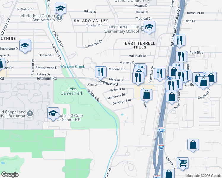 map of restaurants, bars, coffee shops, grocery stores, and more near 4221 Renault Drive in San Antonio
