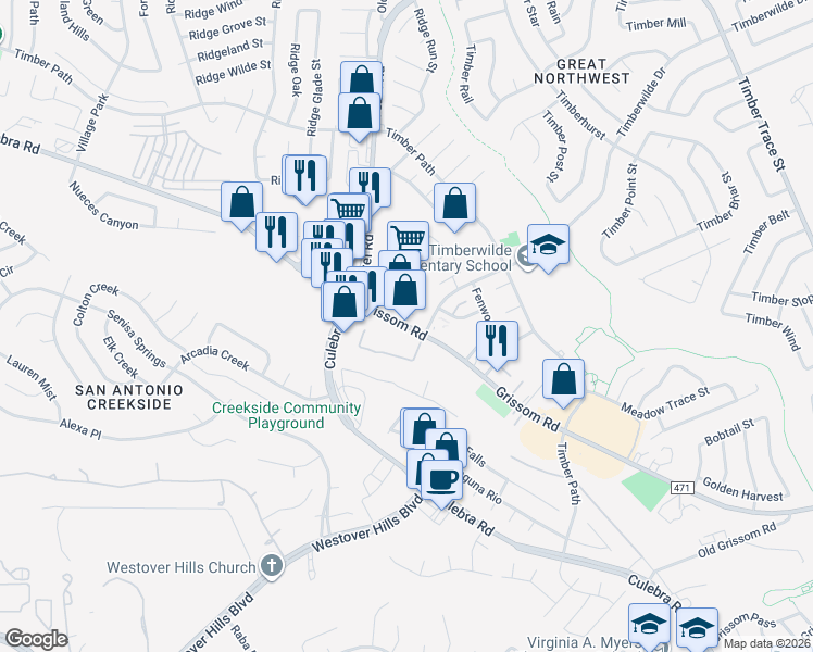 map of restaurants, bars, coffee shops, grocery stores, and more near 9157 Farm to Market Road 471 in San Antonio
