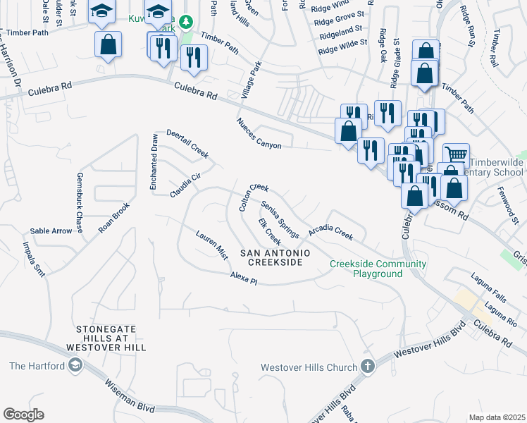 map of restaurants, bars, coffee shops, grocery stores, and more near 5238 Senisa Springs in San Antonio