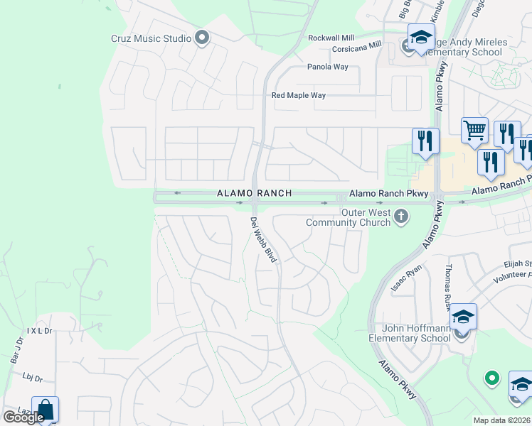 map of restaurants, bars, coffee shops, grocery stores, and more near 12631 Desert Palm in San Antonio