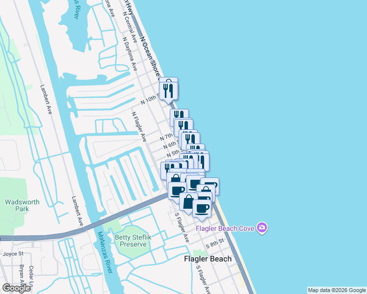 map of restaurants, bars, coffee shops, grocery stores, and more near 465 North Oceanshore Boulevard in Flagler Beach