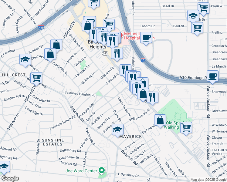 map of restaurants, bars, coffee shops, grocery stores, and more near 201 Altgelt Avenue in Balcones Heights