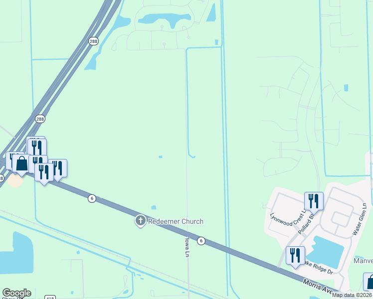 map of restaurants, bars, coffee shops, grocery stores, and more near 6400 Iowa Lane in Manvel