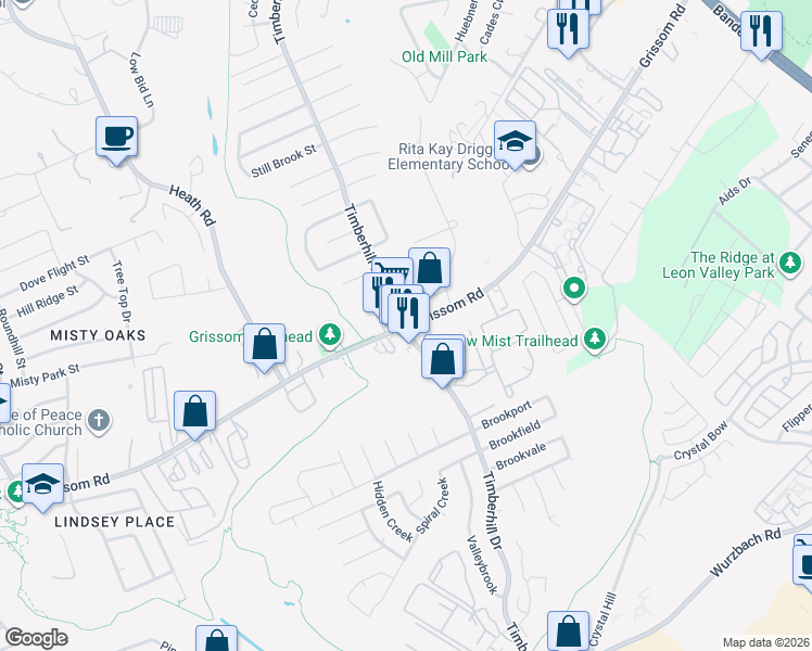 map of restaurants, bars, coffee shops, grocery stores, and more near Grissom Rd & Timberhill Dr in San Antonio
