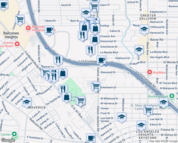 map of restaurants, bars, coffee shops, grocery stores, and more near 130 Spencer Lane in San Antonio
