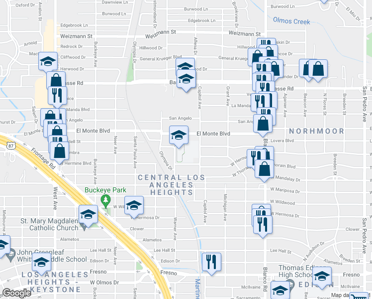 map of restaurants, bars, coffee shops, grocery stores, and more near 3407 Capitol Avenue in San Antonio