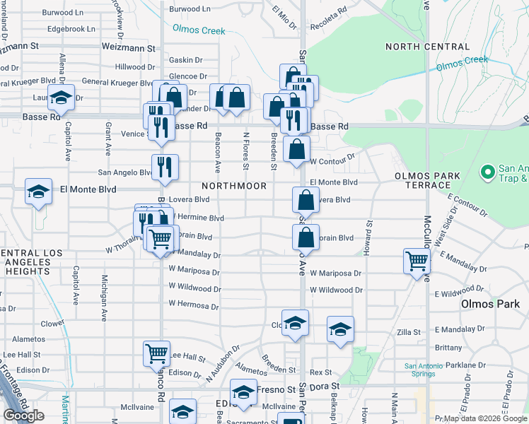 map of restaurants, bars, coffee shops, grocery stores, and more near 422 Lovera Boulevard in San Antonio