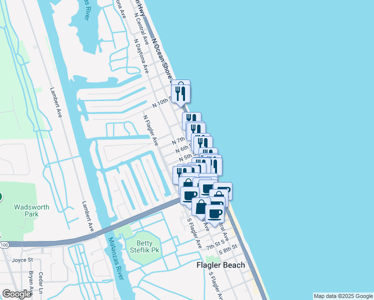 map of restaurants, bars, coffee shops, grocery stores, and more near 211 North 7th Street in Flagler Beach