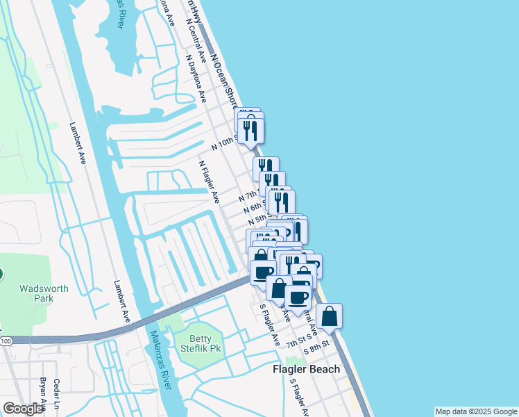 map of restaurants, bars, coffee shops, grocery stores, and more near 211 North 7th Street in Flagler Beach
