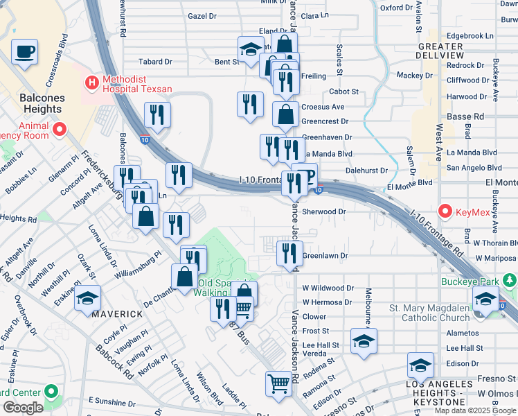 map of restaurants, bars, coffee shops, grocery stores, and more near 130 Spencer Lane in San Antonio