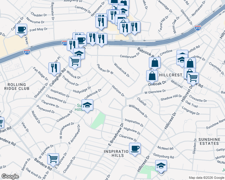 map of restaurants, bars, coffee shops, grocery stores, and more near 5419 Arrowhead Drive in San Antonio