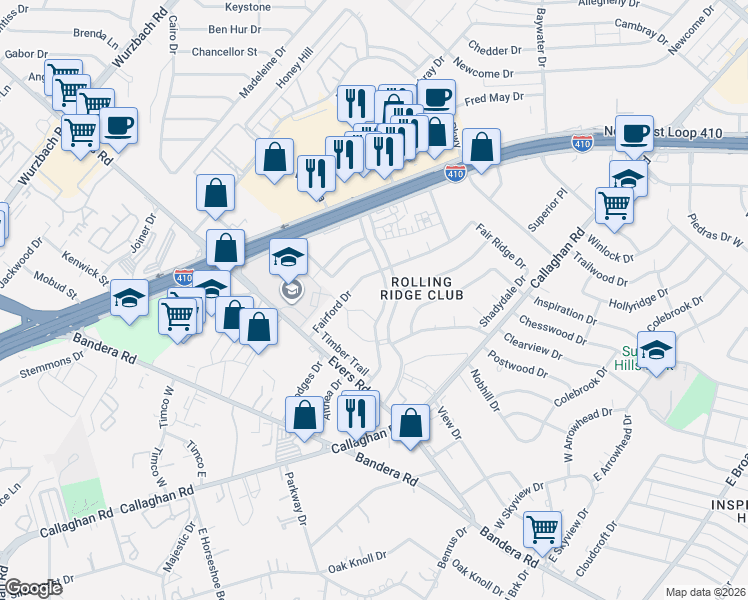 map of restaurants, bars, coffee shops, grocery stores, and more near 5527 Rolling Ridge Drive West in San Antonio