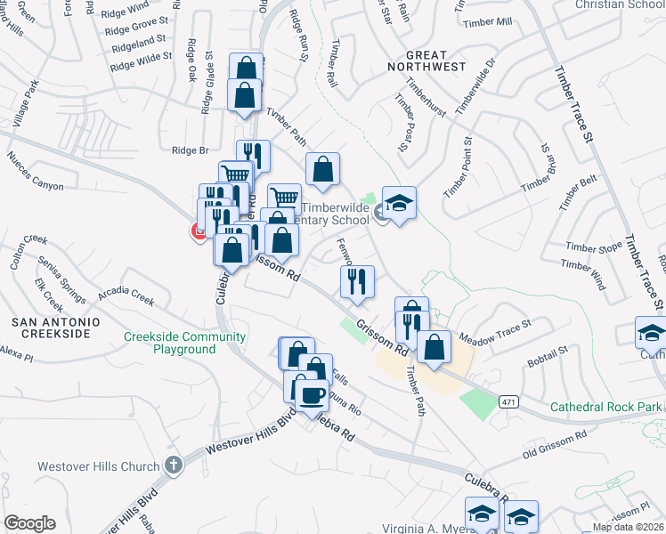 map of restaurants, bars, coffee shops, grocery stores, and more near 9021 Wellwood Street in San Antonio