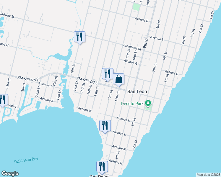 map of restaurants, bars, coffee shops, grocery stores, and more near 1214 Farm to Market Road 517 in San Leon