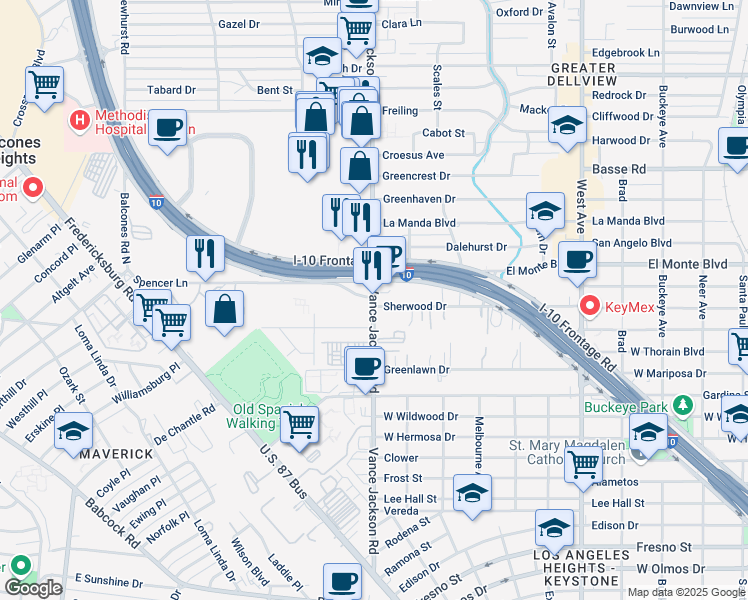 map of restaurants, bars, coffee shops, grocery stores, and more near 1102 Vance Jackson Road in San Antonio