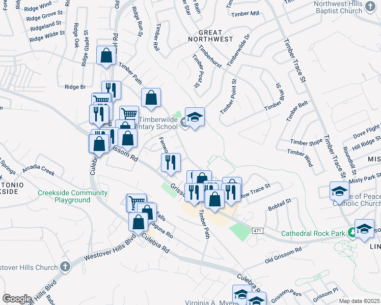 map of restaurants, bars, coffee shops, grocery stores, and more near 8875 Timber Path in San Antonio