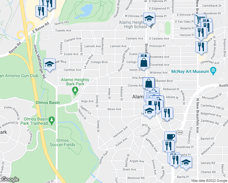 map of restaurants, bars, coffee shops, grocery stores, and more near 325 Normandy Avenue in San Antonio