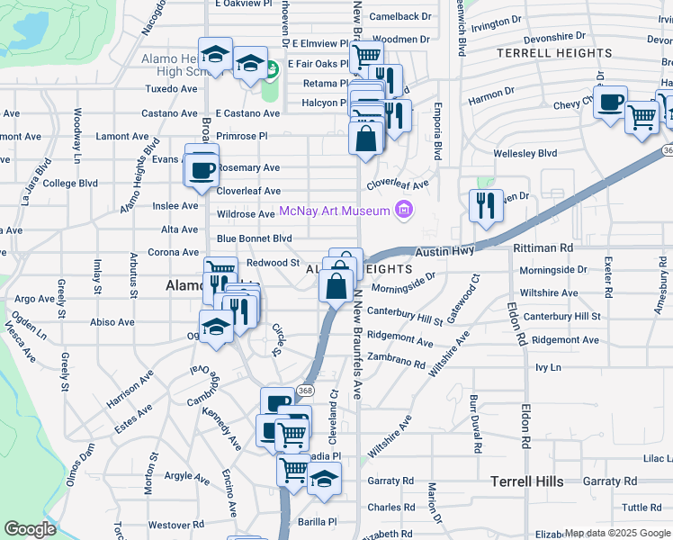 map of restaurants, bars, coffee shops, grocery stores, and more near 347 Redwood Street in San Antonio