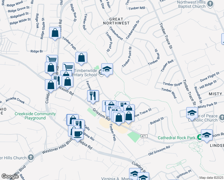 map of restaurants, bars, coffee shops, grocery stores, and more near 8841 Timber Path in San Antonio