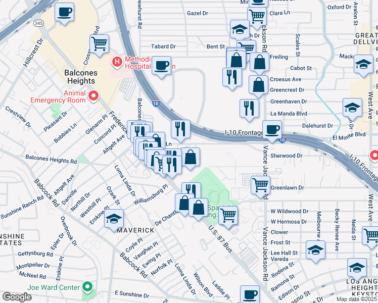map of restaurants, bars, coffee shops, grocery stores, and more near 278 Spencer Lane in San Antonio
