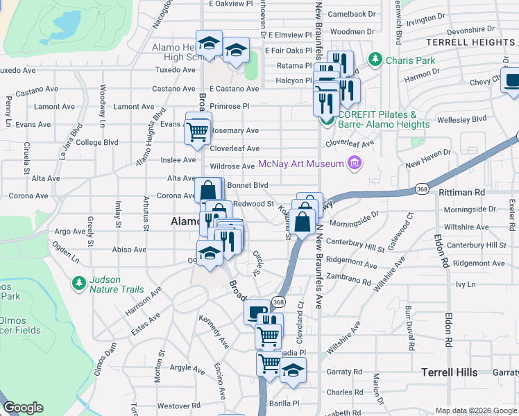 map of restaurants, bars, coffee shops, grocery stores, and more near 225 Redwood Street in San Antonio