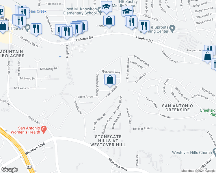 map of restaurants, bars, coffee shops, grocery stores, and more near 9826 Sable Green in San Antonio