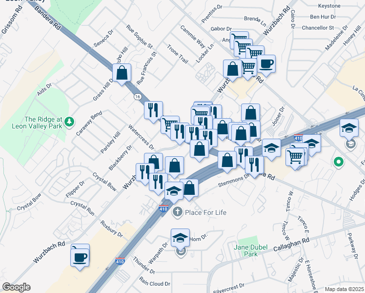 map of restaurants, bars, coffee shops, grocery stores, and more near 6100 Bandera Road in San Antonio