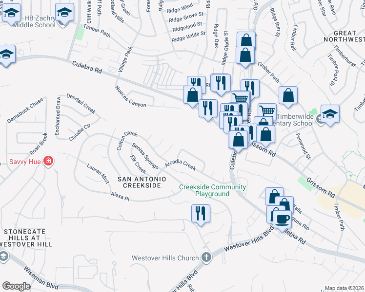 map of restaurants, bars, coffee shops, grocery stores, and more near 5226 Kayla Brook in San Antonio