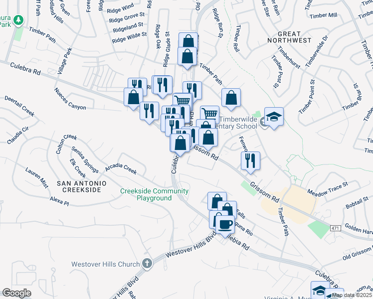 map of restaurants, bars, coffee shops, grocery stores, and more near 9263-9285 Grissom Road in San Antonio