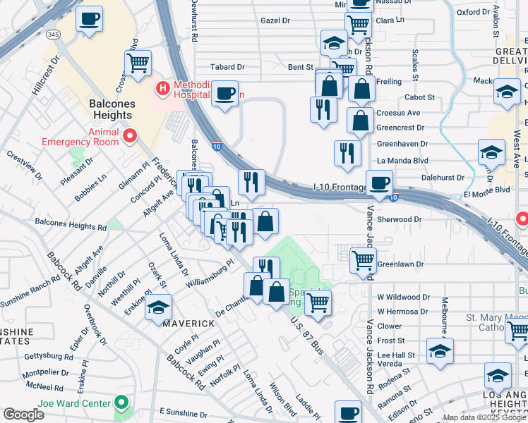 map of restaurants, bars, coffee shops, grocery stores, and more near 272 Spencer Lane in San Antonio