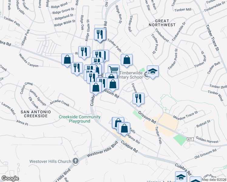 map of restaurants, bars, coffee shops, grocery stores, and more near 9157 Farm to Market Road 471 in San Antonio