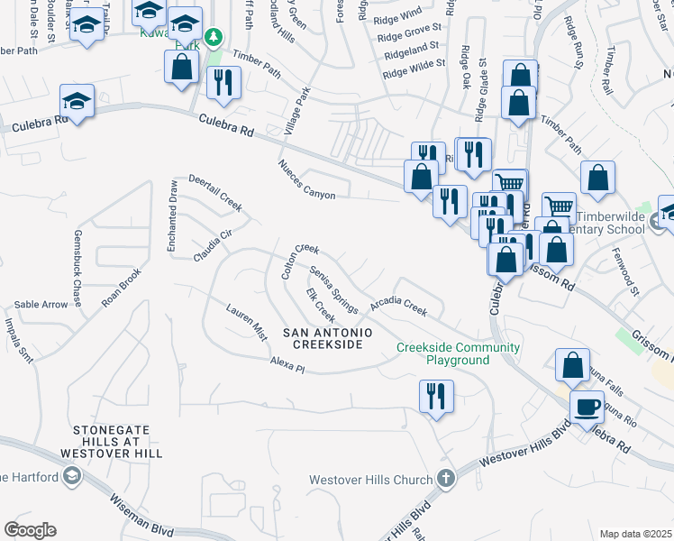map of restaurants, bars, coffee shops, grocery stores, and more near 5203 Colton Creek in San Antonio