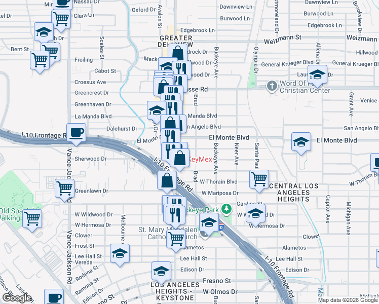 map of restaurants, bars, coffee shops, grocery stores, and more near 1804 Mardell Street in San Antonio