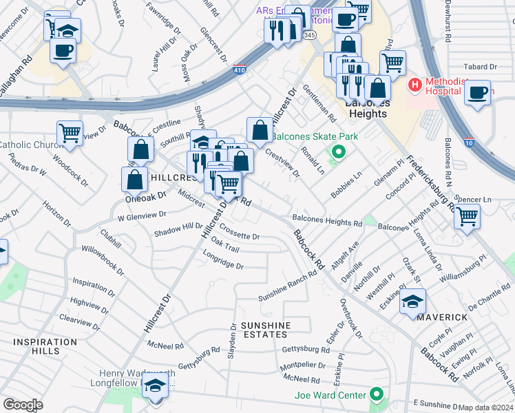 map of restaurants, bars, coffee shops, grocery stores, and more near in Balcones Heights