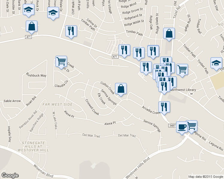 map of restaurants, bars, coffee shops, grocery stores, and more near 5203 Colton Creek in San Antonio